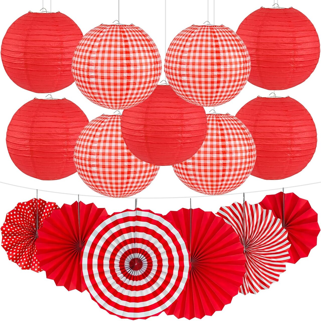 15Pcs Red Party Decorations Supplies Set, Hanging Red Paper Lanterns Paper Fans
